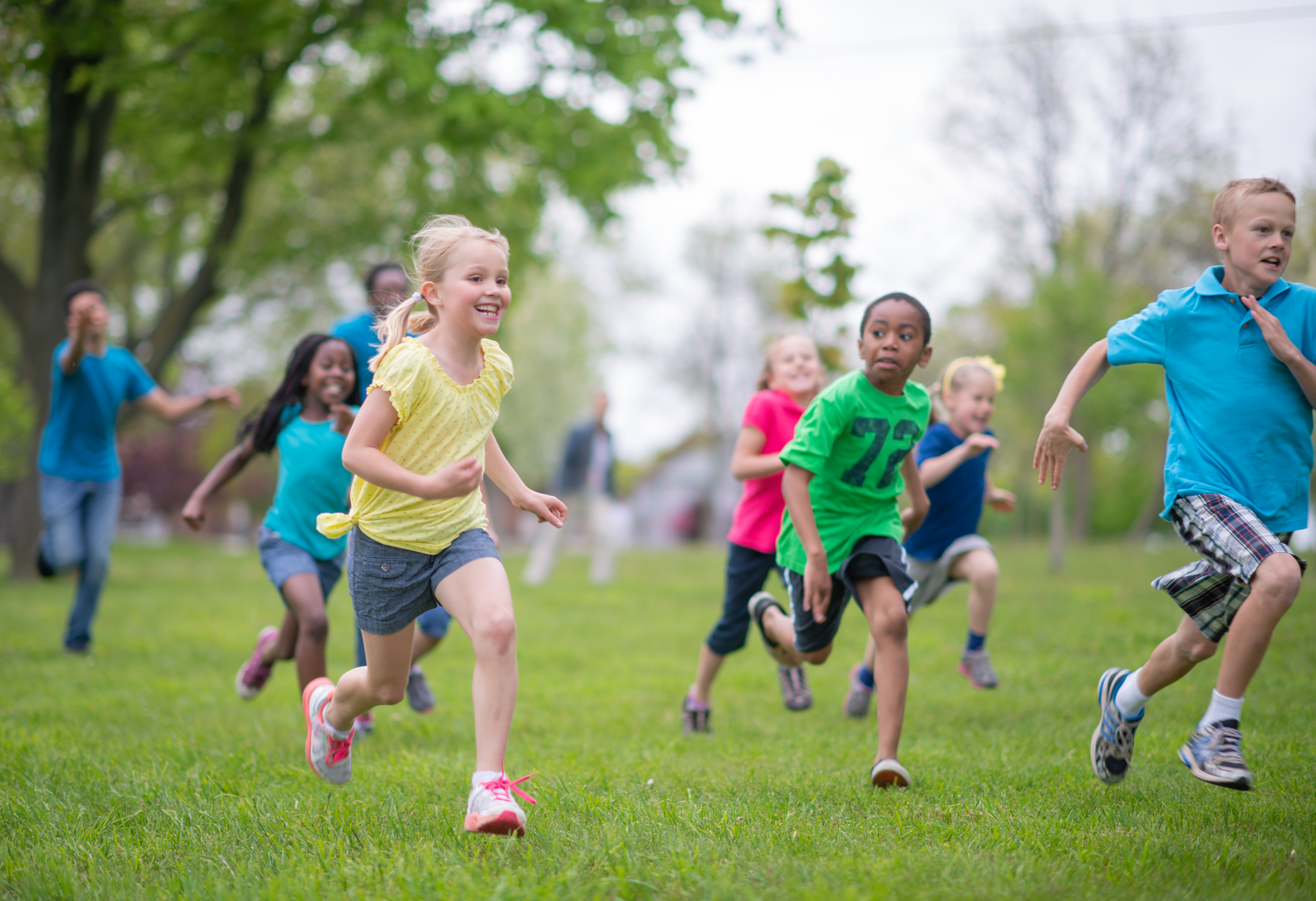 Groepje kinderen loopt op grasveld
