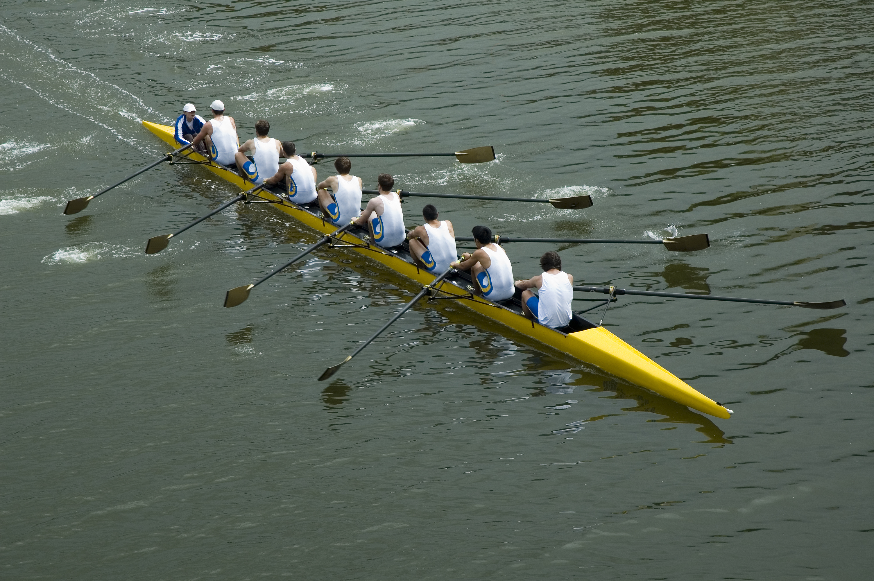 Bovenaanzicht van 8-koppig roeiteam  in open water 
