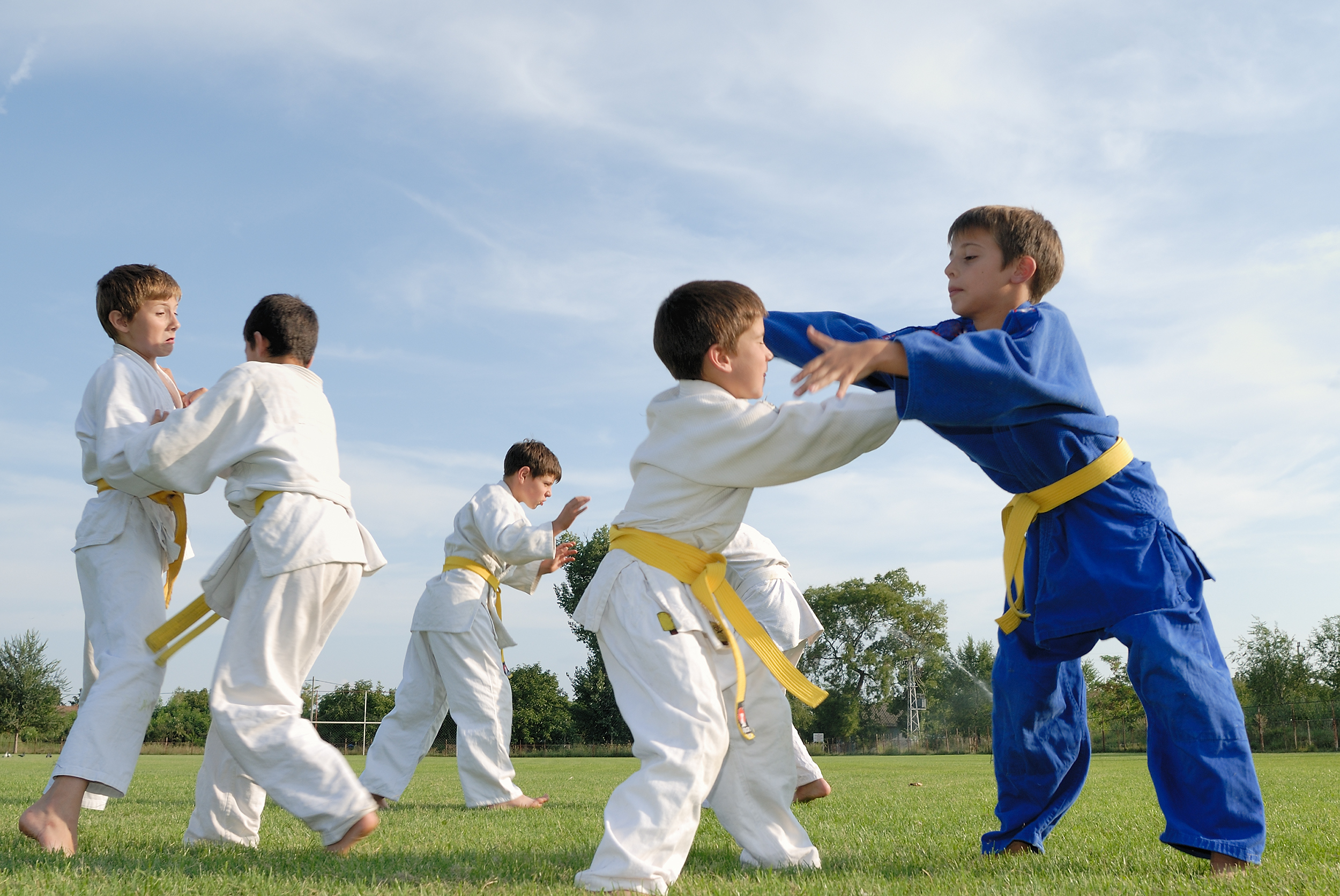 Vijf kinderen met witte kimono en een met blauwe kimono vechten met elkaar